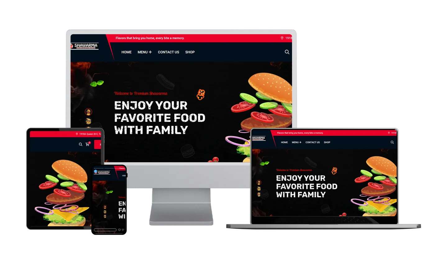 Premium Shawarma website shown on desktop, laptop, tablet and phone