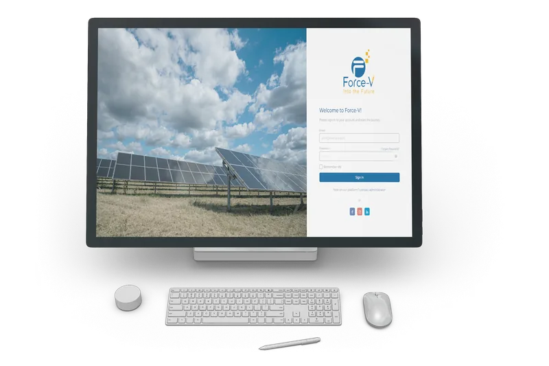 Force-V sign-in screen showing a solar farm