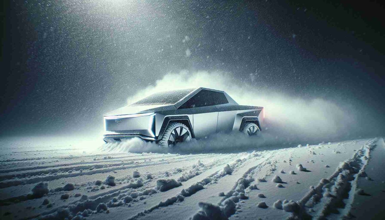 A car driving through a snowy landscape at night.