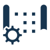 Blue and white icon with a gear on a gray background.