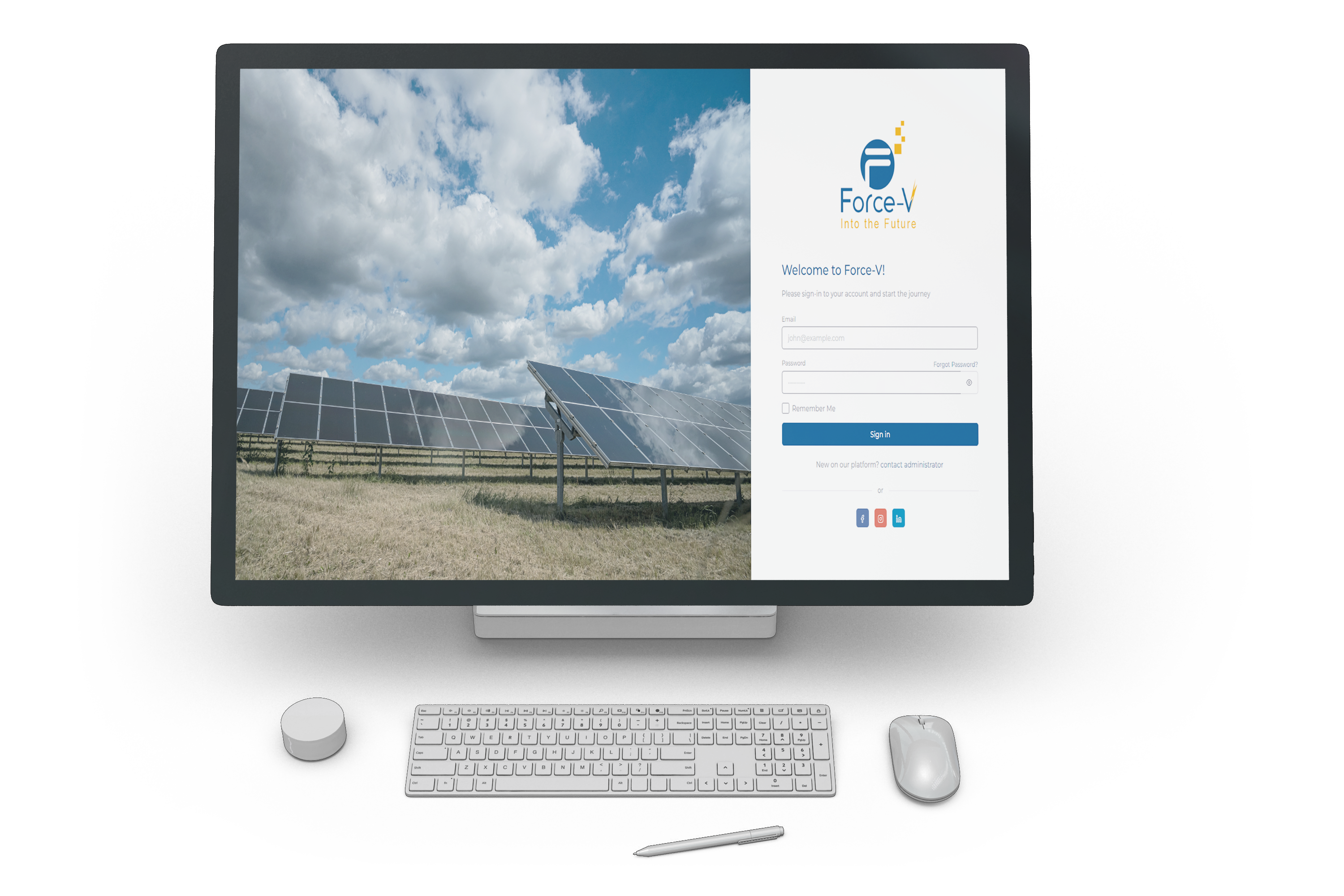 A computer monitor displaying a login page with a background of solar panels.